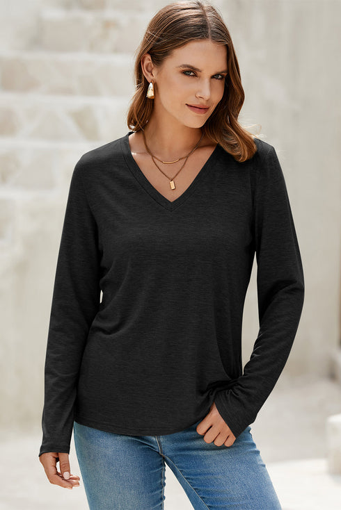 V-Neck Long Sleeve Relaxed Fit Pullover Top